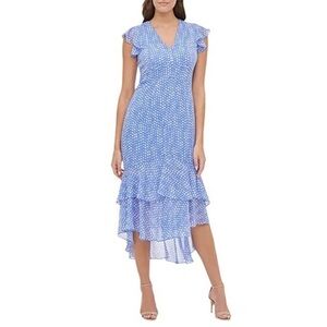 Tommy Hilfiger Blue Polka Dot Chiffon Flounce High-Low Ruffled Hem Dress Size 12